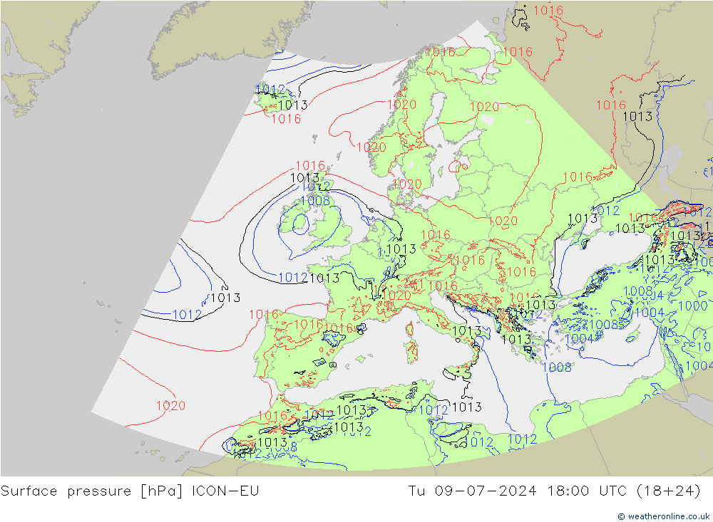 Luchtdruk (Grond) ICON-EU di 09.07.2024 18 UTC
