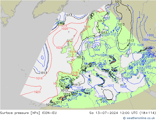 地面气压 ICON-EU 星期六 13.07.2024 12 UTC