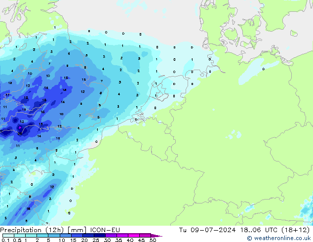 降水量 (12h) ICON-EU 星期二 09.07.2024 06 UTC