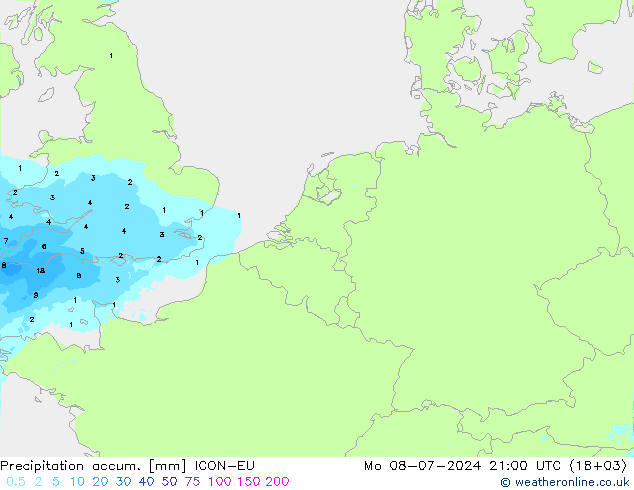 Totale neerslag ICON-EU ma 08.07.2024 21 UTC