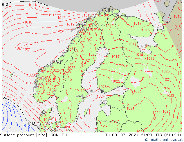 地面气压 ICON-EU 星期二 09.07.2024 21 UTC