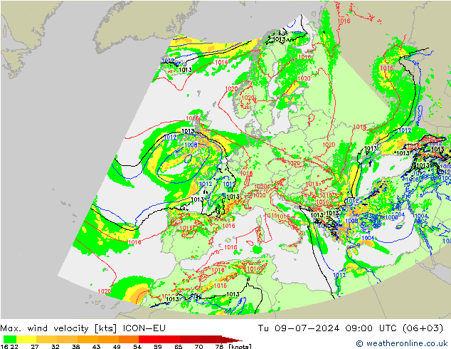 Max. wind snelheid ICON-EU di 09.07.2024 09 UTC