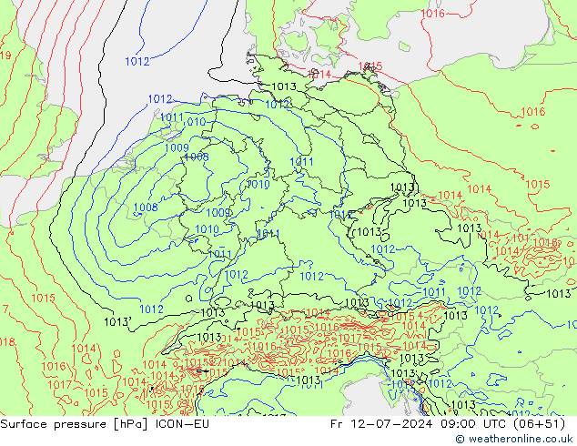 地面气压 ICON-EU 星期五 12.07.2024 09 UTC