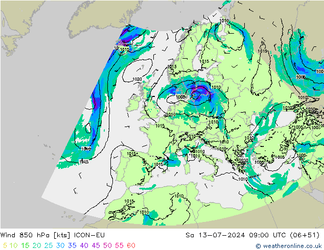 Wind 850 hPa ICON-EU za 13.07.2024 09 UTC