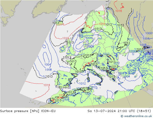 地面气压 ICON-EU 星期六 13.07.2024 21 UTC