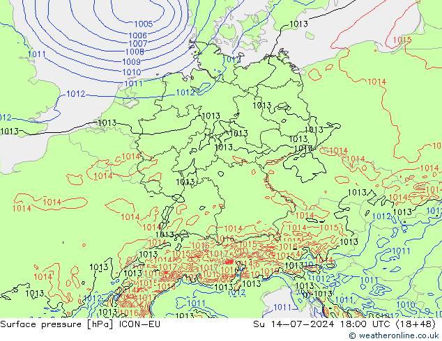 Luchtdruk (Grond) ICON-EU zo 14.07.2024 18 UTC