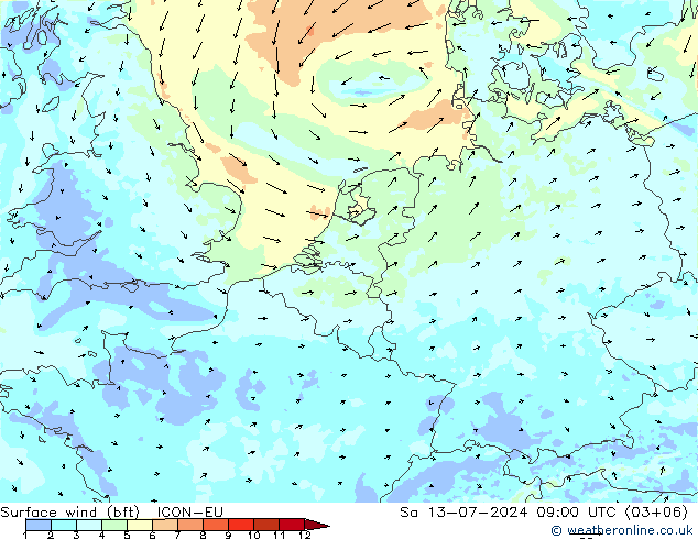 Wind 10 m (bft) ICON-EU za 13.07.2024 09 UTC