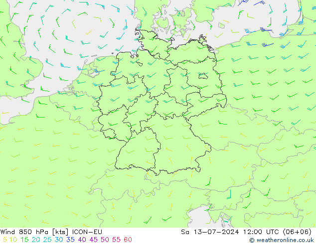 Wind 850 hPa ICON-EU za 13.07.2024 12 UTC