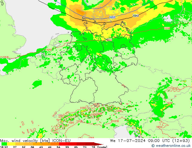 Max. wind velocity ICON-EU 星期三 17.07.2024 09 UTC