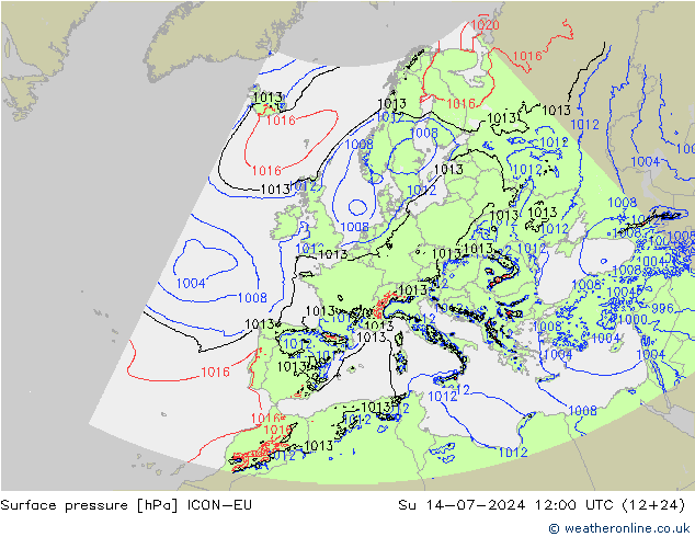 Luchtdruk (Grond) ICON-EU zo 14.07.2024 12 UTC