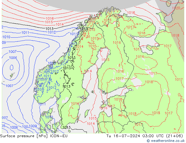 地面气压 ICON-EU 星期二 16.07.2024 03 UTC