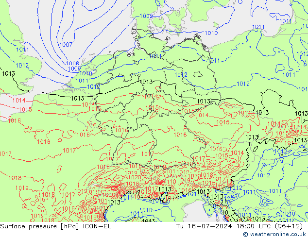 地面气压 ICON-EU 星期二 16.07.2024 18 UTC