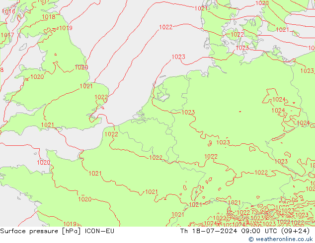 Luchtdruk (Grond) ICON-EU do 18.07.2024 09 UTC