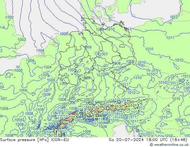 地面气压 ICON-EU 星期六 20.07.2024 18 UTC