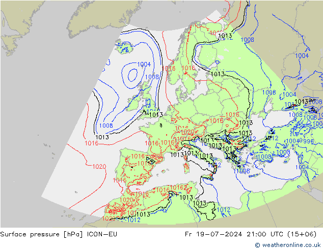 Luchtdruk (Grond) ICON-EU vr 19.07.2024 21 UTC