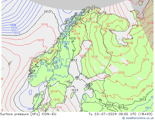地面气压 ICON-EU 星期二 23.07.2024 09 UTC