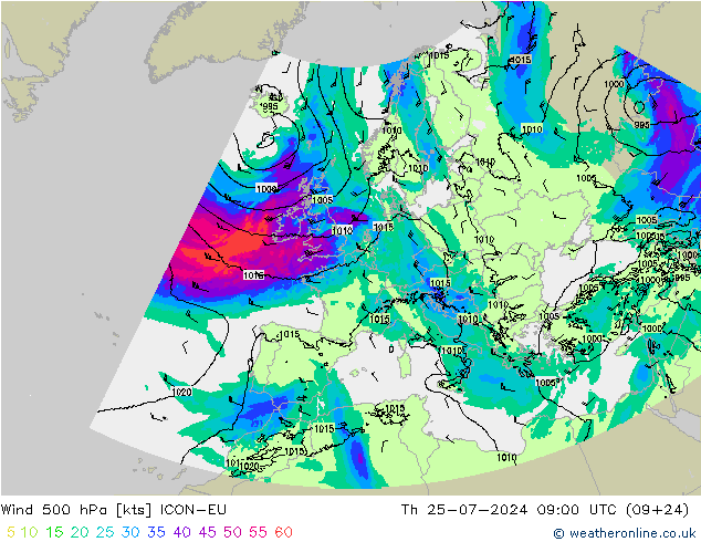 风 500 hPa ICON-EU 星期四 25.07.2024 09 UTC
