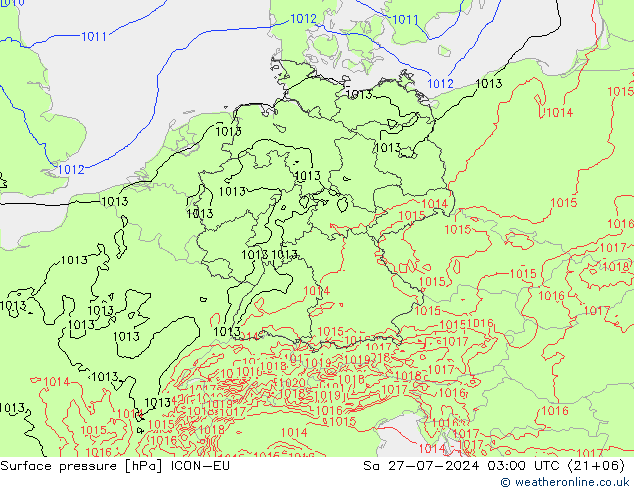 Surface pressure ICON-EU Sa 27.07.2024 03 UTC