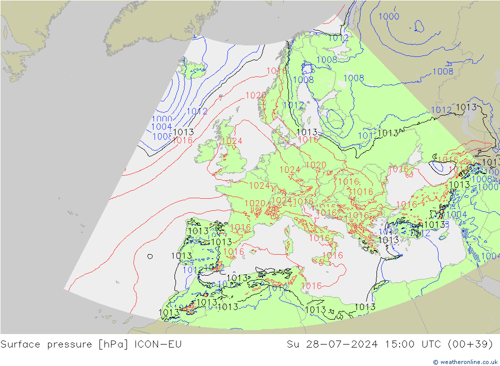 Luchtdruk (Grond) ICON-EU zo 28.07.2024 15 UTC