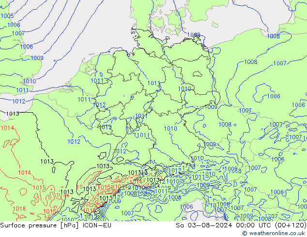 地面气压 ICON-EU 星期六 03.08.2024 00 UTC