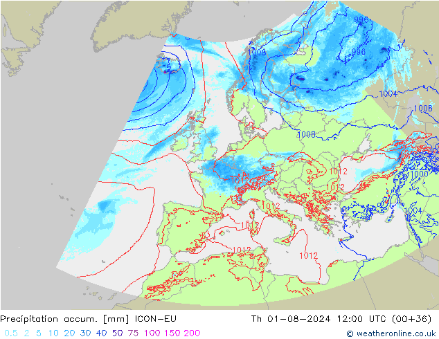 Totale neerslag ICON-EU do 01.08.2024 12 UTC