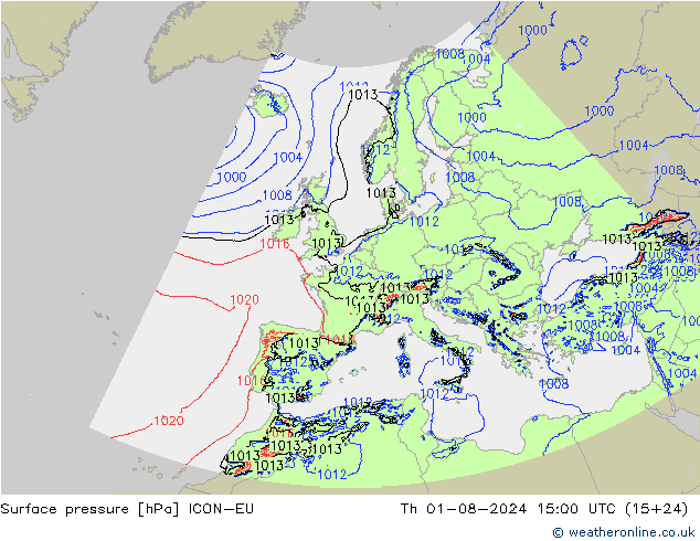 Luchtdruk (Grond) ICON-EU do 01.08.2024 15 UTC