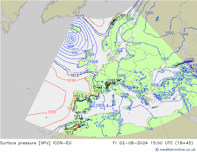 地面气压 ICON-EU 星期五 02.08.2024 15 UTC