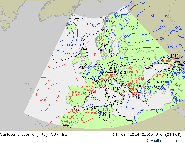 Luchtdruk (Grond) ICON-EU do 01.08.2024 03 UTC