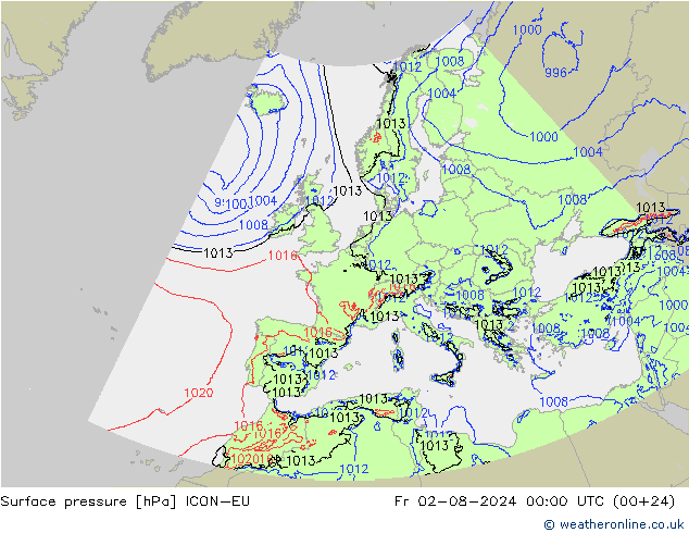 Luchtdruk (Grond) ICON-EU vr 02.08.2024 00 UTC