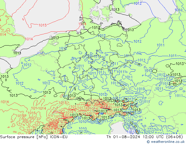 地面气压 ICON-EU 星期四 01.08.2024 12 UTC