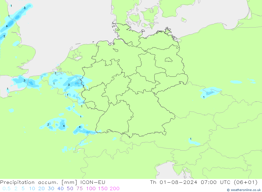 Totale neerslag ICON-EU do 01.08.2024 07 UTC