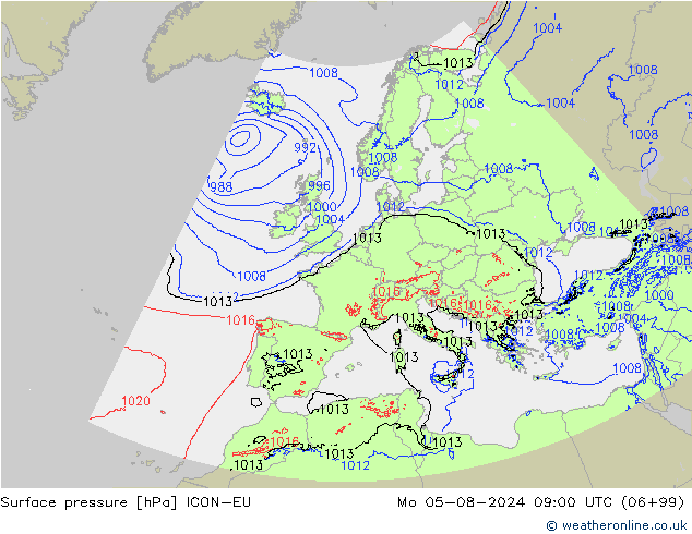 地面气压 ICON-EU 星期一 05.08.2024 09 UTC