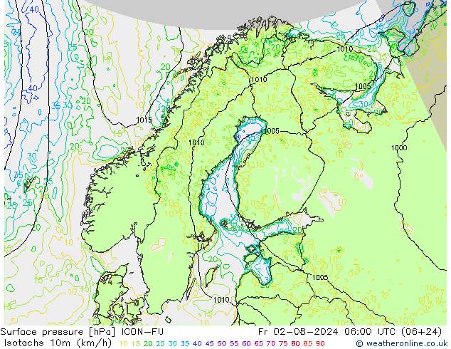 10米等风速线 (kph) ICON-EU 星期五 02.08.2024 06 UTC
