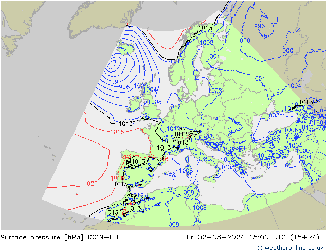 地面气压 ICON-EU 星期五 02.08.2024 15 UTC