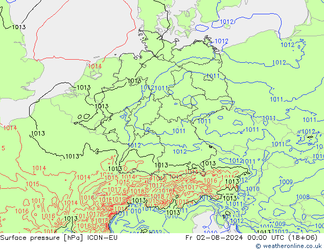 Luchtdruk (Grond) ICON-EU vr 02.08.2024 00 UTC