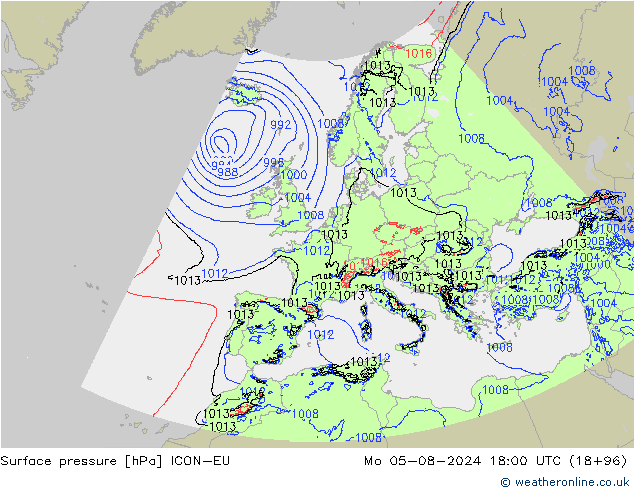 Luchtdruk (Grond) ICON-EU ma 05.08.2024 18 UTC