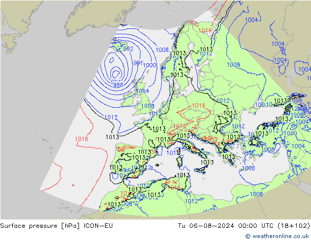地面气压 ICON-EU 星期二 06.08.2024 00 UTC