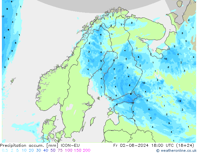 Precipitation accum. ICON-EU 星期五 02.08.2024 18 UTC