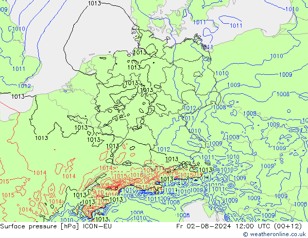 Luchtdruk (Grond) ICON-EU vr 02.08.2024 12 UTC