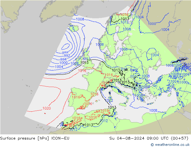 地面气压 ICON-EU 星期日 04.08.2024 09 UTC