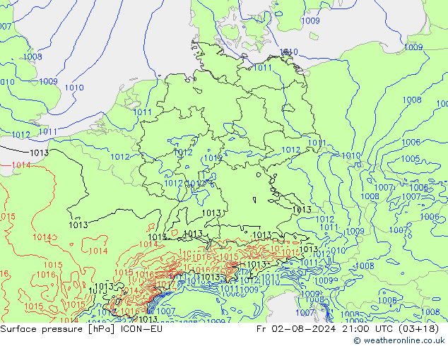 Luchtdruk (Grond) ICON-EU vr 02.08.2024 21 UTC