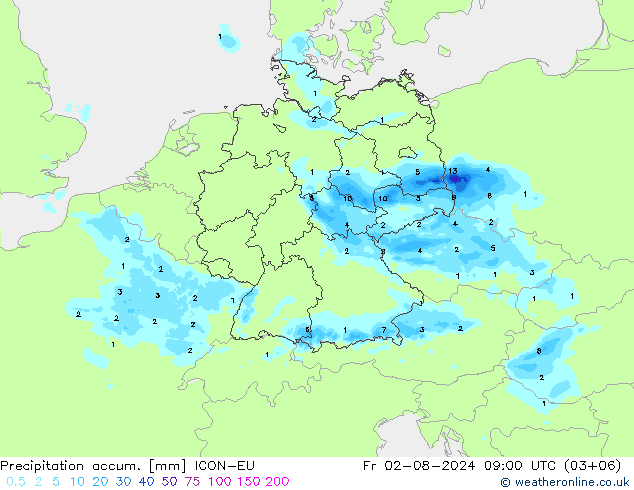 Totale neerslag ICON-EU vr 02.08.2024 09 UTC