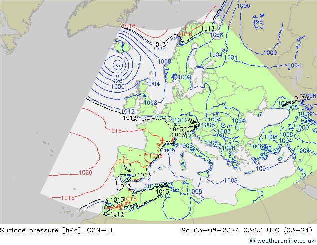 地面气压 ICON-EU 星期六 03.08.2024 03 UTC