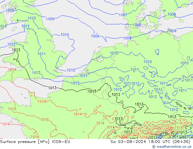 地面气压 ICON-EU 星期六 03.08.2024 18 UTC