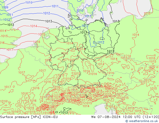 Luchtdruk (Grond) ICON-EU wo 07.08.2024 12 UTC