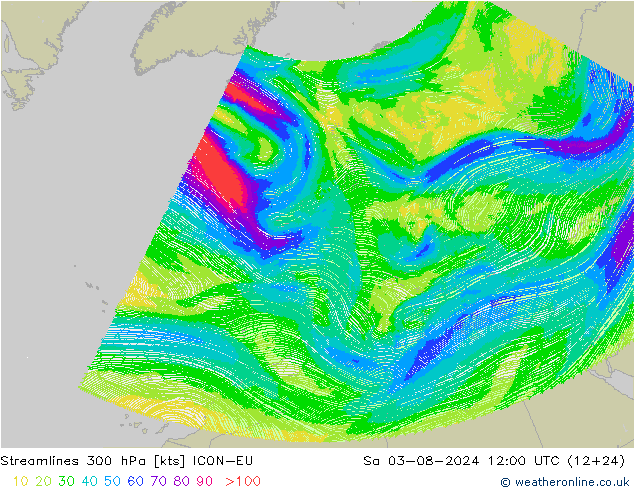风 300 hPa ICON-EU 星期六 03.08.2024 12 UTC