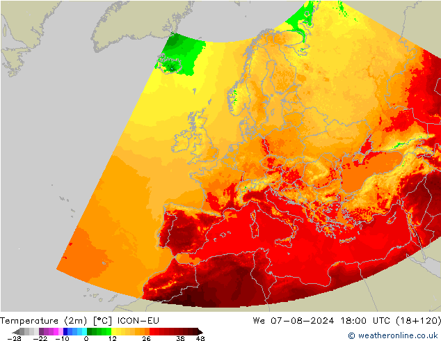 温度图 ICON-EU 星期三 07.08.2024 18 UTC