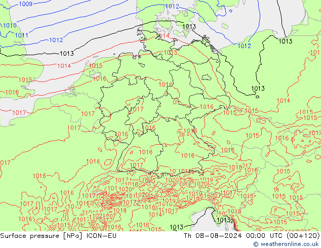 Luchtdruk (Grond) ICON-EU do 08.08.2024 00 UTC