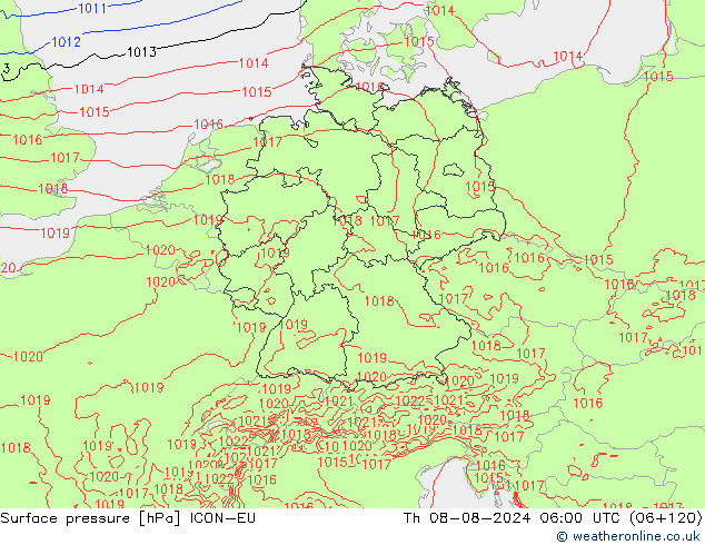 Luchtdruk (Grond) ICON-EU do 08.08.2024 06 UTC