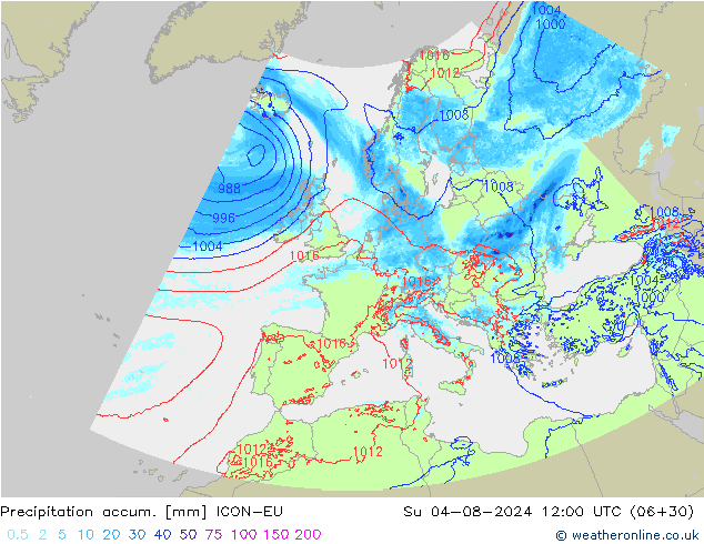 Totale neerslag ICON-EU zo 04.08.2024 12 UTC